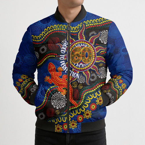 Personalized 60th Birthday Aboriginal Art Bomber Puffer Jacket Indigenous Dot Painting Vintage Sun Lizard