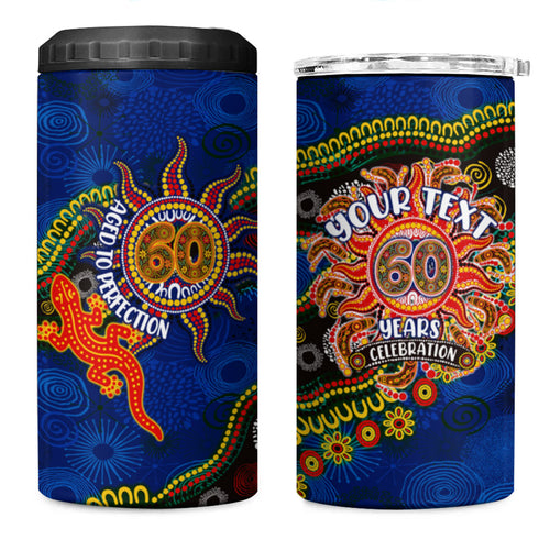 Personalized 60th Birthday Aboriginal Art 4 in 1 Can Cooler Tumbler Indigenous Dot Painting Vintage Sun Lizard