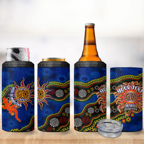 Personalized 60th Birthday Aboriginal Art 4 in 1 Can Cooler Tumbler Indigenous Dot Painting Vintage Sun Lizard