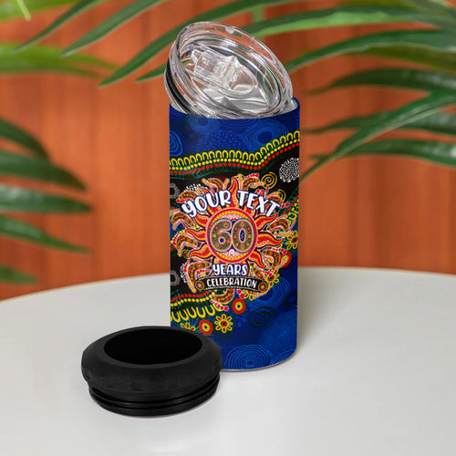 Personalized 60th Birthday Aboriginal Art 4 in 1 Can Cooler Tumbler Indigenous Dot Painting Vintage Sun Lizard