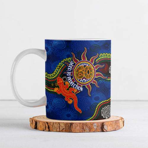 Personalized 60th Birthday Aboriginal Art Ceramic Mug Indigenous Dot Painting Vintage Sun Lizard