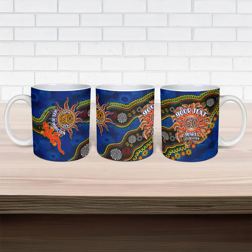 Personalized 60th Birthday Aboriginal Art Ceramic Mug Indigenous Dot Painting Vintage Sun Lizard