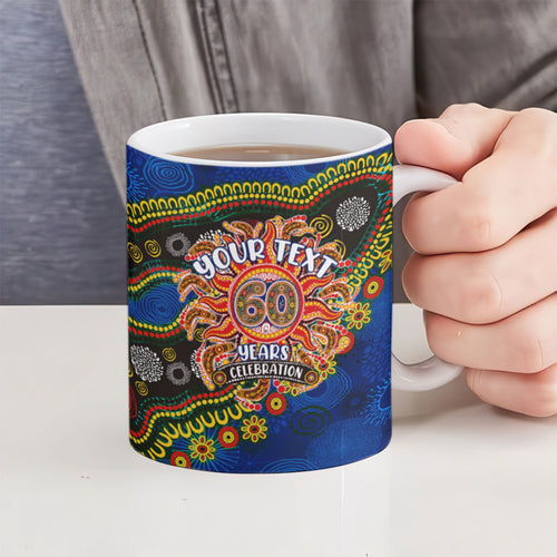 Personalized 60th Birthday Aboriginal Art Ceramic Mug Indigenous Dot Painting Vintage Sun Lizard