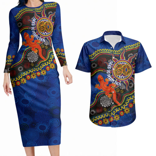 Personalized 60th Birthday Aboriginal Art Couples Matching Long Sleeve Bodycon Dress and Hawaiian Shirt Indigenous Dot Painting Vintage Sun Lizard