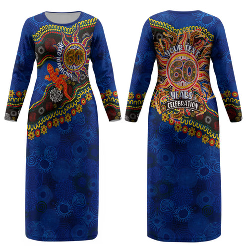 Personalized 60th Birthday Aboriginal Art Couples Matching Long Sleeve Bodycon Dress and Hawaiian Shirt Indigenous Dot Painting Vintage Sun Lizard