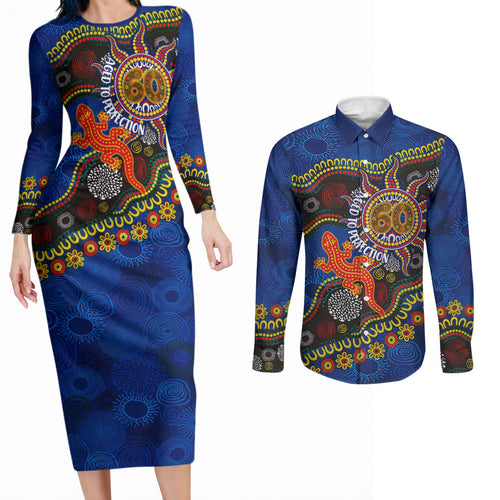 Personalized 60th Birthday Aboriginal Art Couples Matching Long Sleeve Bodycon Dress and Long Sleeve Button Shirt Indigenous Dot Painting Vintage Sun Lizard