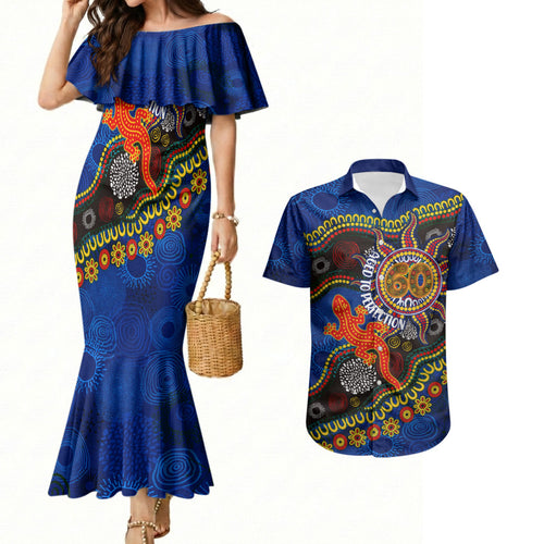 Personalized 60th Birthday Aboriginal Art Couples Matching Mermaid Dress and Hawaiian Shirt Indigenous Dot Painting Vintage Sun Lizard