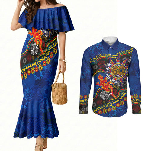 Personalized 60th Birthday Aboriginal Art Couples Matching Mermaid Dress and Long Sleeve Button Shirt Indigenous Dot Painting Vintage Sun Lizard