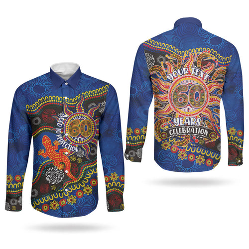 Personalized 60th Birthday Aboriginal Art Couples Matching Mermaid Dress and Long Sleeve Button Shirt Indigenous Dot Painting Vintage Sun Lizard