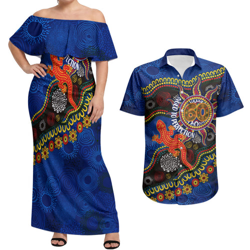 Personalized 60th Birthday Aboriginal Art Couples Matching Off Shoulder Maxi Dress and Hawaiian Shirt Indigenous Dot Painting Vintage Sun Lizard
