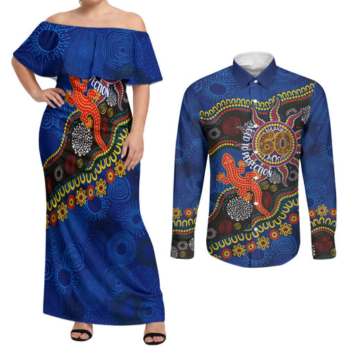 Personalized 60th Birthday Aboriginal Art Couples Matching Off Shoulder Maxi Dress and Long Sleeve Button Shirt Indigenous Dot Painting Vintage Sun Lizard