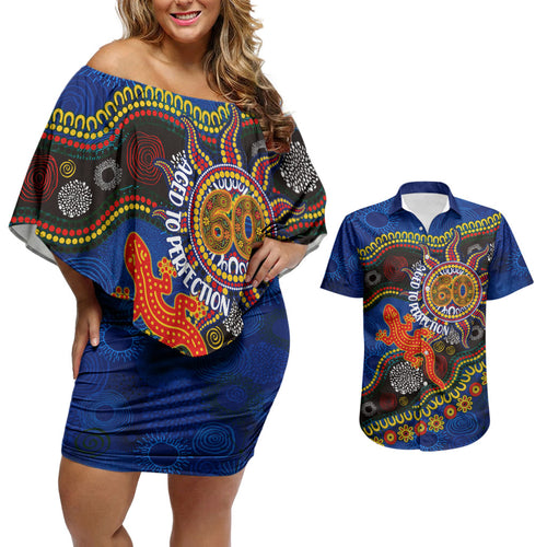 Personalized 60th Birthday Aboriginal Art Couples Matching Off Shoulder Short Dress and Hawaiian Shirt Indigenous Dot Painting Vintage Sun Lizard
