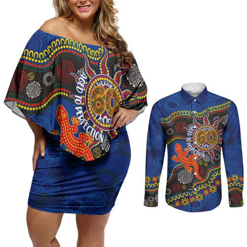 Personalized 60th Birthday Aboriginal Art Couples Matching Off Shoulder Short Dress and Long Sleeve Button Shirt Indigenous Dot Painting Vintage Sun Lizard