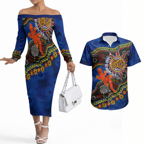 Personalized 60th Birthday Aboriginal Art Couples Matching Off The Shoulder Long Sleeve Dress and Hawaiian Shirt Indigenous Dot Painting Vintage Sun Lizard