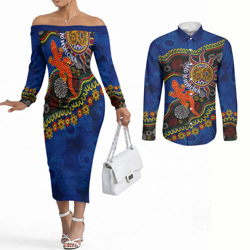 Personalized 60th Birthday Aboriginal Art Couples Matching Off The Shoulder Long Sleeve Dress and Long Sleeve Button Shirt Indigenous Dot Painting Vintage Sun Lizard