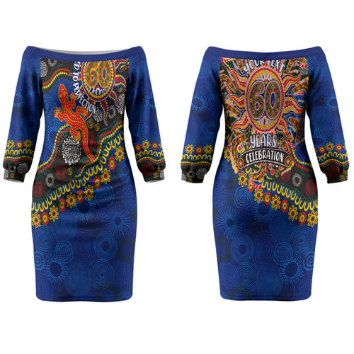Personalized 60th Birthday Aboriginal Art Couples Matching Off The Shoulder Long Sleeve Dress and Long Sleeve Button Shirt Indigenous Dot Painting Vintage Sun Lizard