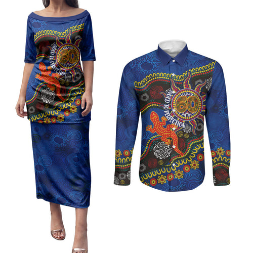 Personalized 60th Birthday Aboriginal Art Couples Matching Puletasi and Long Sleeve Button Shirt Indigenous Dot Painting Vintage Sun Lizard