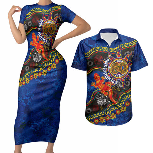 Personalized 60th Birthday Aboriginal Art Couples Matching Short Sleeve Bodycon Dress and Hawaiian Shirt Indigenous Dot Painting Vintage Sun Lizard