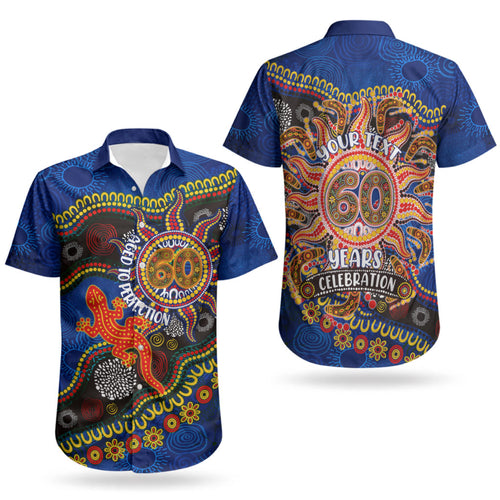 Personalized 60th Birthday Aboriginal Art Couples Matching Short Sleeve Bodycon Dress and Hawaiian Shirt Indigenous Dot Painting Vintage Sun Lizard