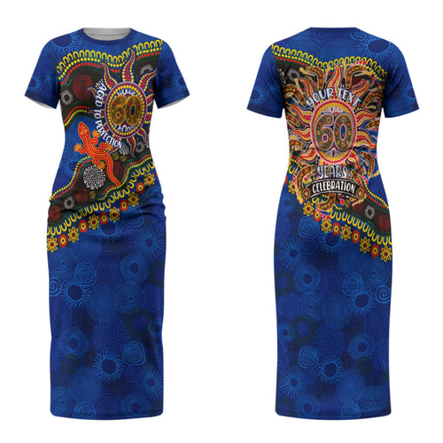 Personalized 60th Birthday Aboriginal Art Couples Matching Short Sleeve Bodycon Dress and Hawaiian Shirt Indigenous Dot Painting Vintage Sun Lizard