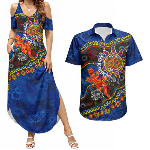 Personalized 60th Birthday Aboriginal Art Couples Matching Summer Maxi Dress and Hawaiian Shirt Indigenous Dot Painting Vintage Sun Lizard