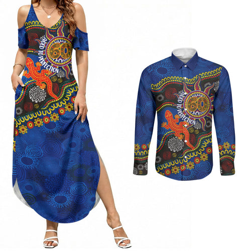 Personalized 60th Birthday Aboriginal Art Couples Matching Summer Maxi Dress and Long Sleeve Button Shirt Indigenous Dot Painting Vintage Sun Lizard