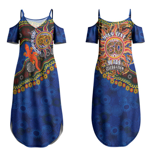 Personalized 60th Birthday Aboriginal Art Couples Matching Summer Maxi Dress and Long Sleeve Button Shirt Indigenous Dot Painting Vintage Sun Lizard