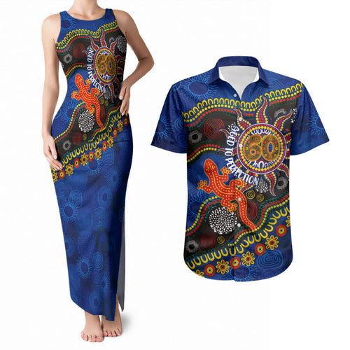 Personalized 60th Birthday Aboriginal Art Couples Matching Tank Maxi Dress and Hawaiian Shirt Indigenous Dot Painting Vintage Sun Lizard