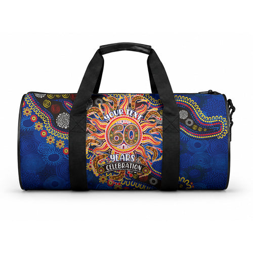 Personalized 60th Birthday Aboriginal Art Duffle Bag Indigenous Dot Painting Vintage Sun Lizard