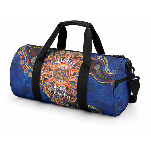 Personalized 60th Birthday Aboriginal Art Duffle Bag Indigenous Dot Painting Vintage Sun Lizard