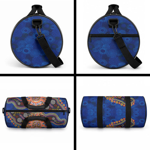 Personalized 60th Birthday Aboriginal Art Duffle Bag Indigenous Dot Painting Vintage Sun Lizard