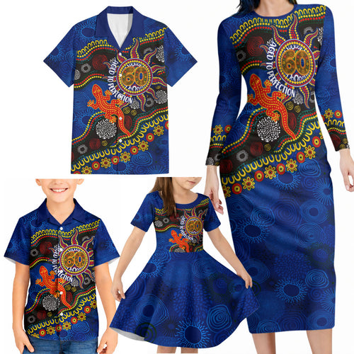 Personalized 60th Birthday Aboriginal Art Family Matching Long Sleeve Bodycon Dress and Hawaiian Shirt Indigenous Dot Painting Vintage Sun Lizard