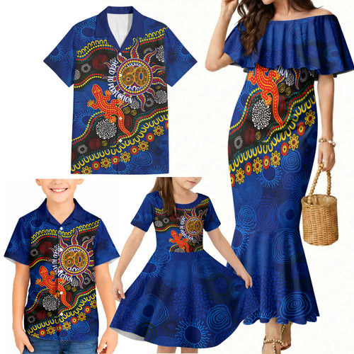 Personalized 60th Birthday Aboriginal Art Family Matching Mermaid Dress and Hawaiian Shirt Indigenous Dot Painting Vintage Sun Lizard