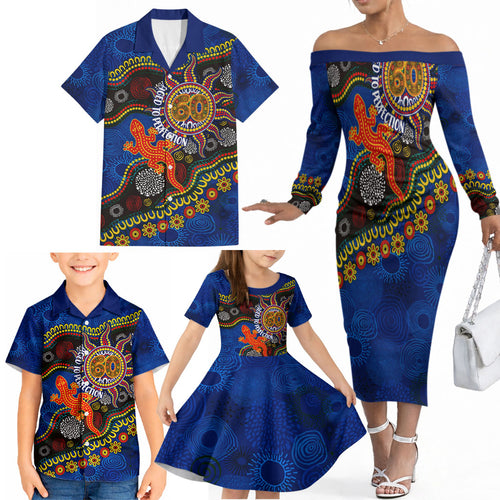 Personalized 60th Birthday Aboriginal Art Family Matching Off The Shoulder Long Sleeve Dress and Hawaiian Shirt Indigenous Dot Painting Vintage Sun Lizard