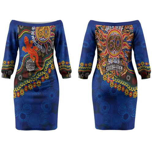 Personalized 60th Birthday Aboriginal Art Family Matching Off The Shoulder Long Sleeve Dress and Hawaiian Shirt Indigenous Dot Painting Vintage Sun Lizard