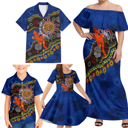 Personalized 60th Birthday Aboriginal Art Family Matching Off Shoulder Maxi Dress and Hawaiian Shirt Indigenous Dot Painting Vintage Sun Lizard