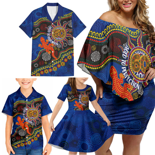 Personalized 60th Birthday Aboriginal Art Family Matching Off Shoulder Short Dress and Hawaiian Shirt Indigenous Dot Painting Vintage Sun Lizard