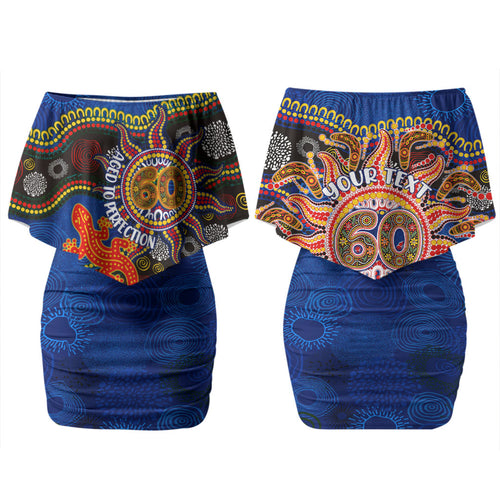 Personalized 60th Birthday Aboriginal Art Family Matching Off Shoulder Short Dress and Hawaiian Shirt Indigenous Dot Painting Vintage Sun Lizard