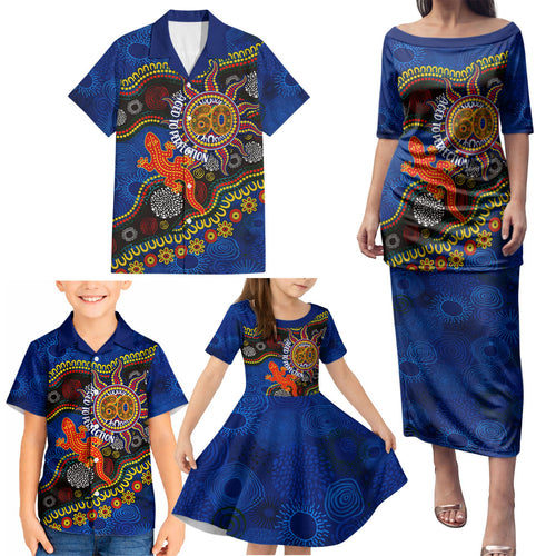 Personalized 60th Birthday Aboriginal Art Family Matching Puletasi and Hawaiian Shirt Indigenous Dot Painting Vintage Sun Lizard