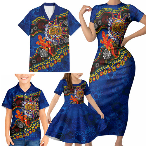 Personalized 60th Birthday Aboriginal Art Family Matching Short Sleeve Bodycon Dress and Hawaiian Shirt Indigenous Dot Painting Vintage Sun Lizard
