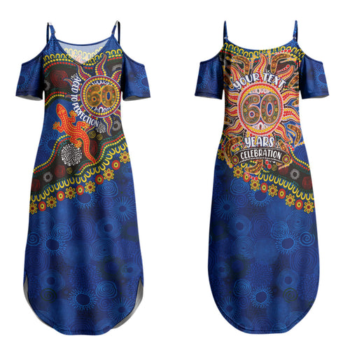 Personalized 60th Birthday Aboriginal Art Family Matching Summer Maxi Dress and Hawaiian Shirt Indigenous Dot Painting Vintage Sun Lizard