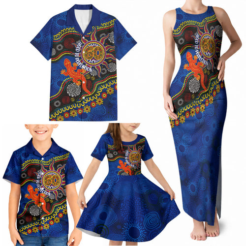Personalized 60th Birthday Aboriginal Art Family Matching Tank Maxi Dress and Hawaiian Shirt Indigenous Dot Painting Vintage Sun Lizard