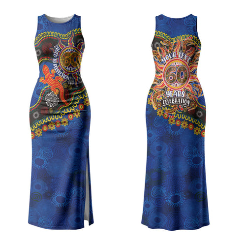 Personalized 60th Birthday Aboriginal Art Family Matching Tank Maxi Dress and Hawaiian Shirt Indigenous Dot Painting Vintage Sun Lizard