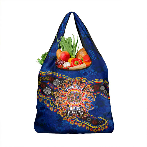 Personalized 60th Birthday Aboriginal Art Grocery Bag Indigenous Dot Painting Vintage Sun Lizard