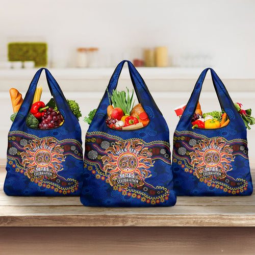 Personalized 60th Birthday Aboriginal Art Grocery Bag Indigenous Dot Painting Vintage Sun Lizard