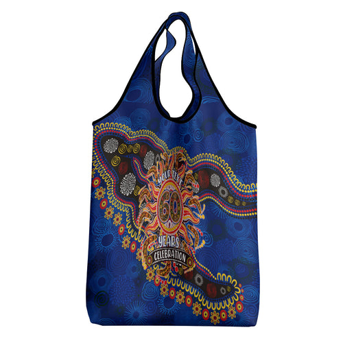 Personalized 60th Birthday Aboriginal Art Grocery Bag Indigenous Dot Painting Vintage Sun Lizard