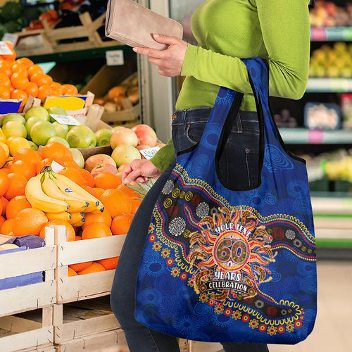 Personalized 60th Birthday Aboriginal Art Grocery Bag Indigenous Dot Painting Vintage Sun Lizard