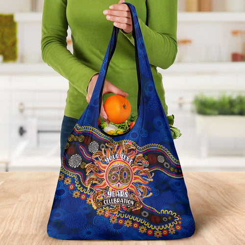 Personalized 60th Birthday Aboriginal Art Grocery Bag Indigenous Dot Painting Vintage Sun Lizard