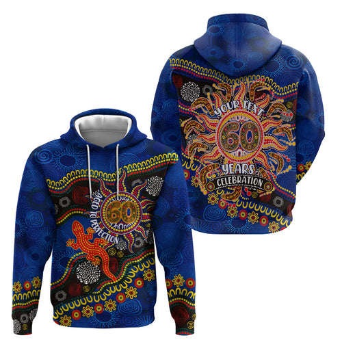 Personalized 60th Birthday Aboriginal Art Hoodie Indigenous Dot Painting Vintage Sun Lizard