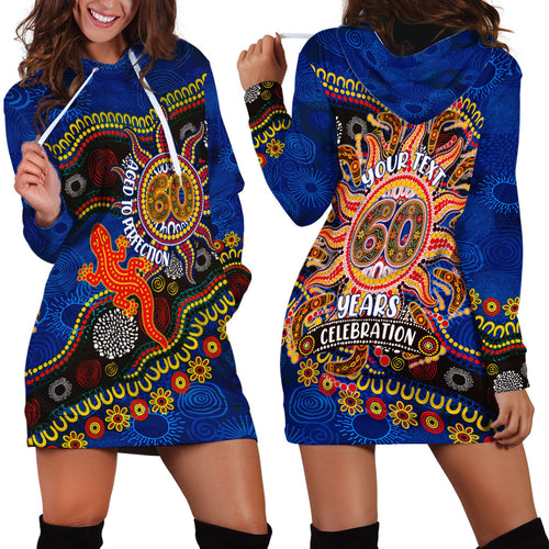 Personalized 60th Birthday Aboriginal Art Hoodie Dress Indigenous Dot Painting Vintage Sun Lizard
